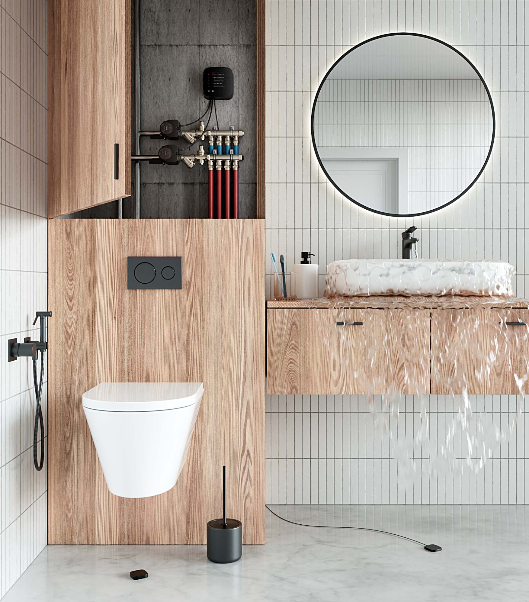 BSE Leak Protect კონტროლერი ორი BSE Defender აქტივატორით, სადენიანი გაჟონვის სენსორის წყლის სენსორი და უკაბელო გაჟონვის სენსორი RF სენსორი აბაზანის ინტერიერში