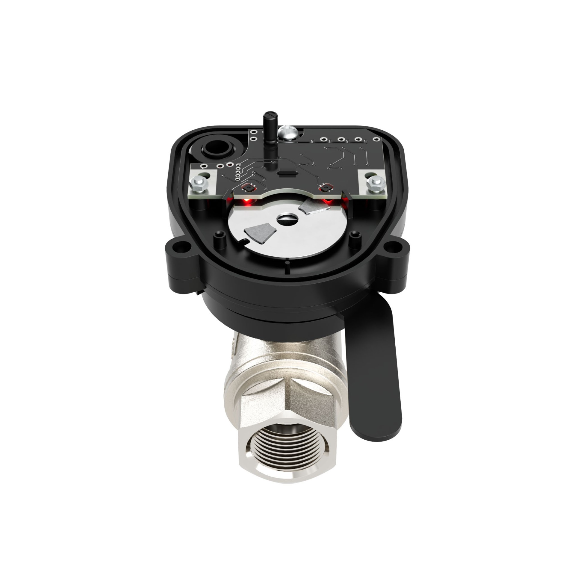 Шаровый кран с электроприводом BSE Defender — вид изнутри на диск оптического позиционирования и плату с оптическими датчиками